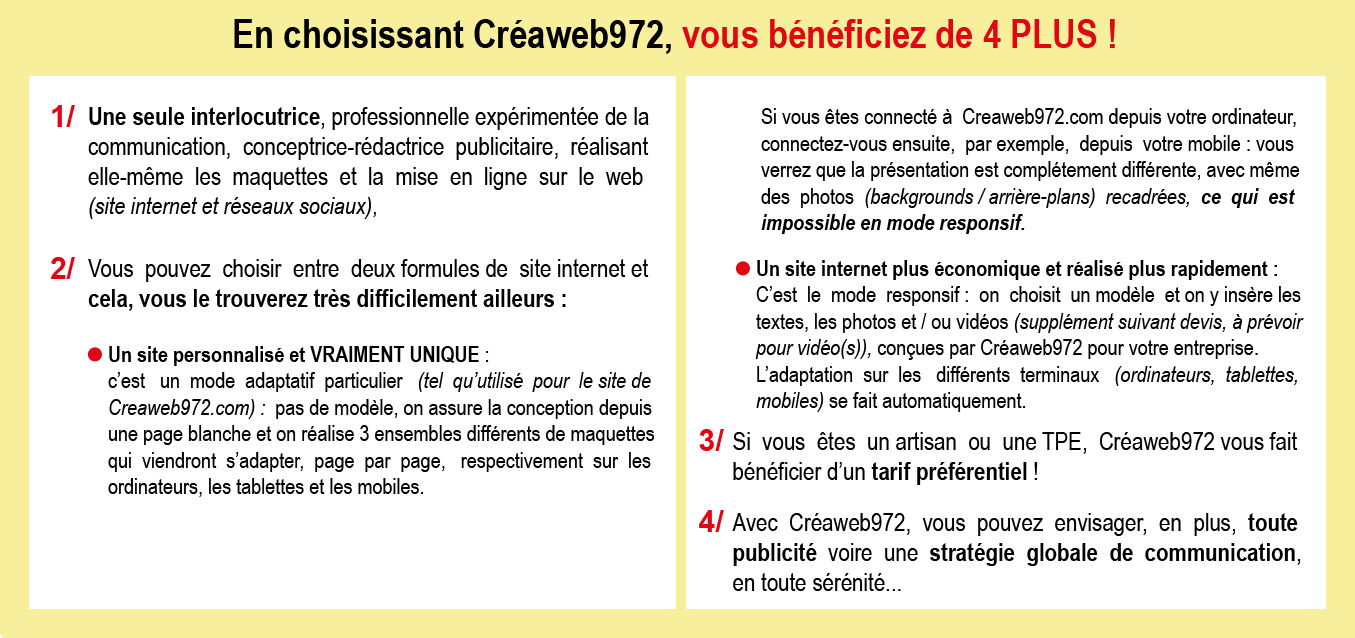 CREAWEB972 : publicité, communication, webdesign Avantages choix CREAWEB972 et offre artisan TPE